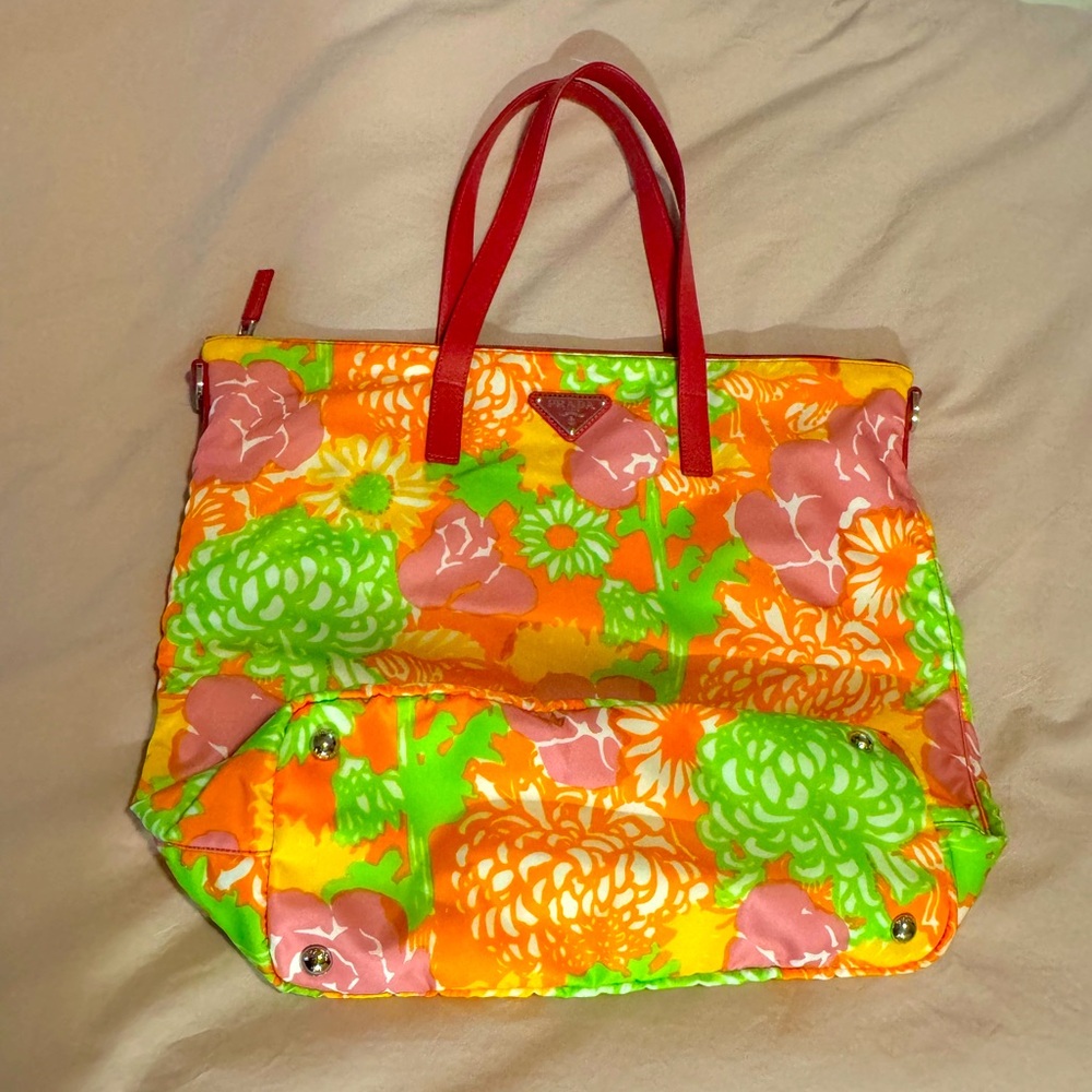 Prada Tessuto Nylon Colorful Floral Tote Bag With Leather Top Handle Straps